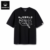 KERWATS可维斯品牌大码 t恤 男女情侣无性别吉他小猫印花嘻哈风短袖