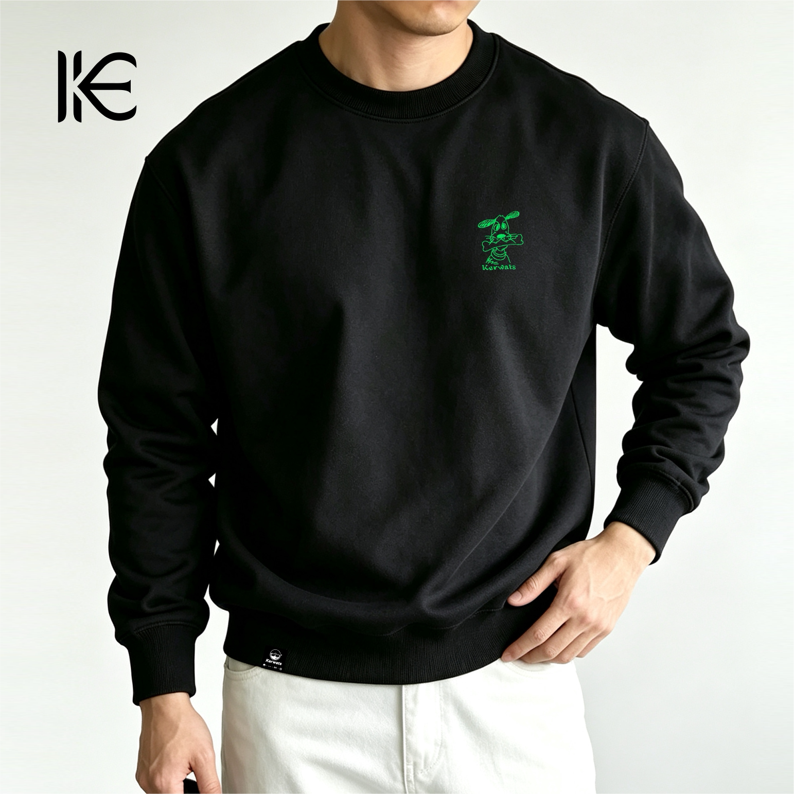 KERWATS可维特斯品牌大码男装骨头小狗胸花刺绣情侣宽松圆领卫衣