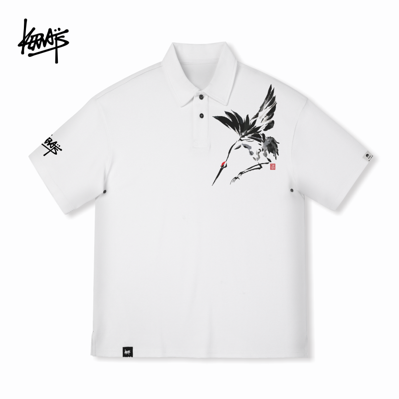 KERWATS品牌大码男女情侣白鹤印花中国风夏季纯棉休闲polo短袖t恤