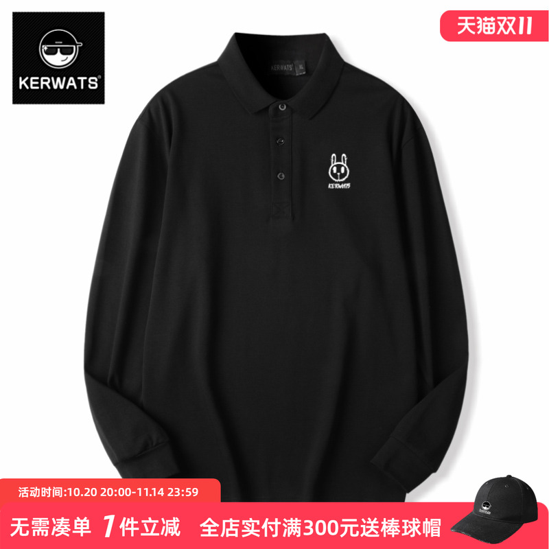 KERWATS潮牌大码兔子胸花t恤休闲体恤翻领打底衫宽松长袖polo衫男