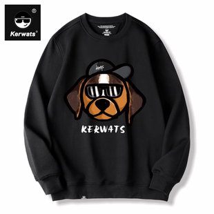 KERWATS品牌大码男女情侣涂鸦墨镜帽子狗头印花青年秋季圆领卫衣