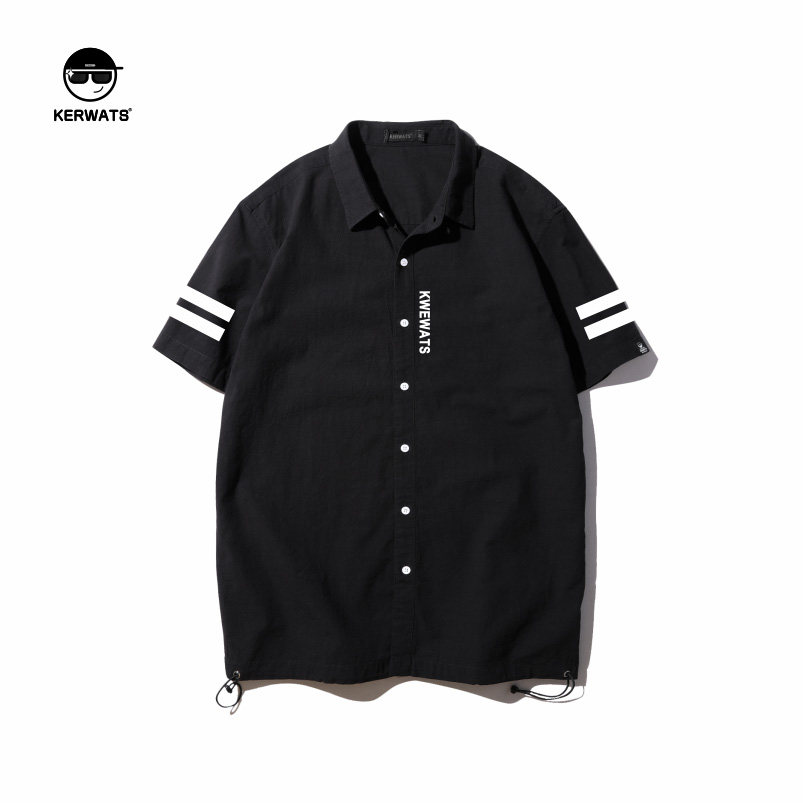 KERWATS短袖衬衫加肥加大码男装翻领半袖肥佬潮牌休闲运动服学生