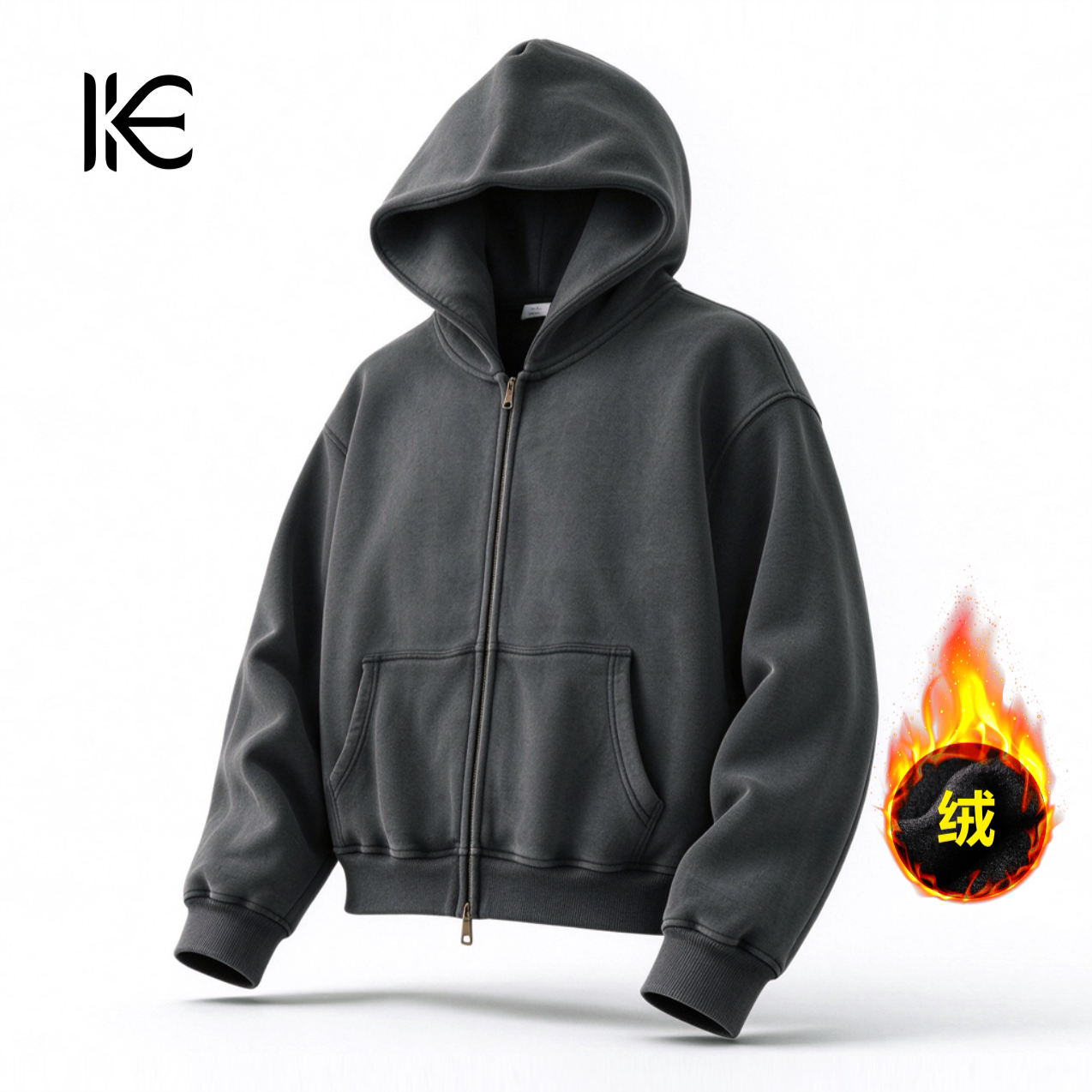 KERWATS可维特斯品牌大码男装秋冬加绒做旧开衫外套水洗连帽卫衣