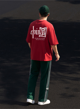 KERWATS品牌大码男装china中国t恤潮胖红色加大号落肩圆领短袖T恤