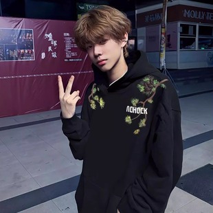 美式高街迎客松重磅刺绣连帽卫衣男款秋冬潮牌宽松青少年纯棉外套