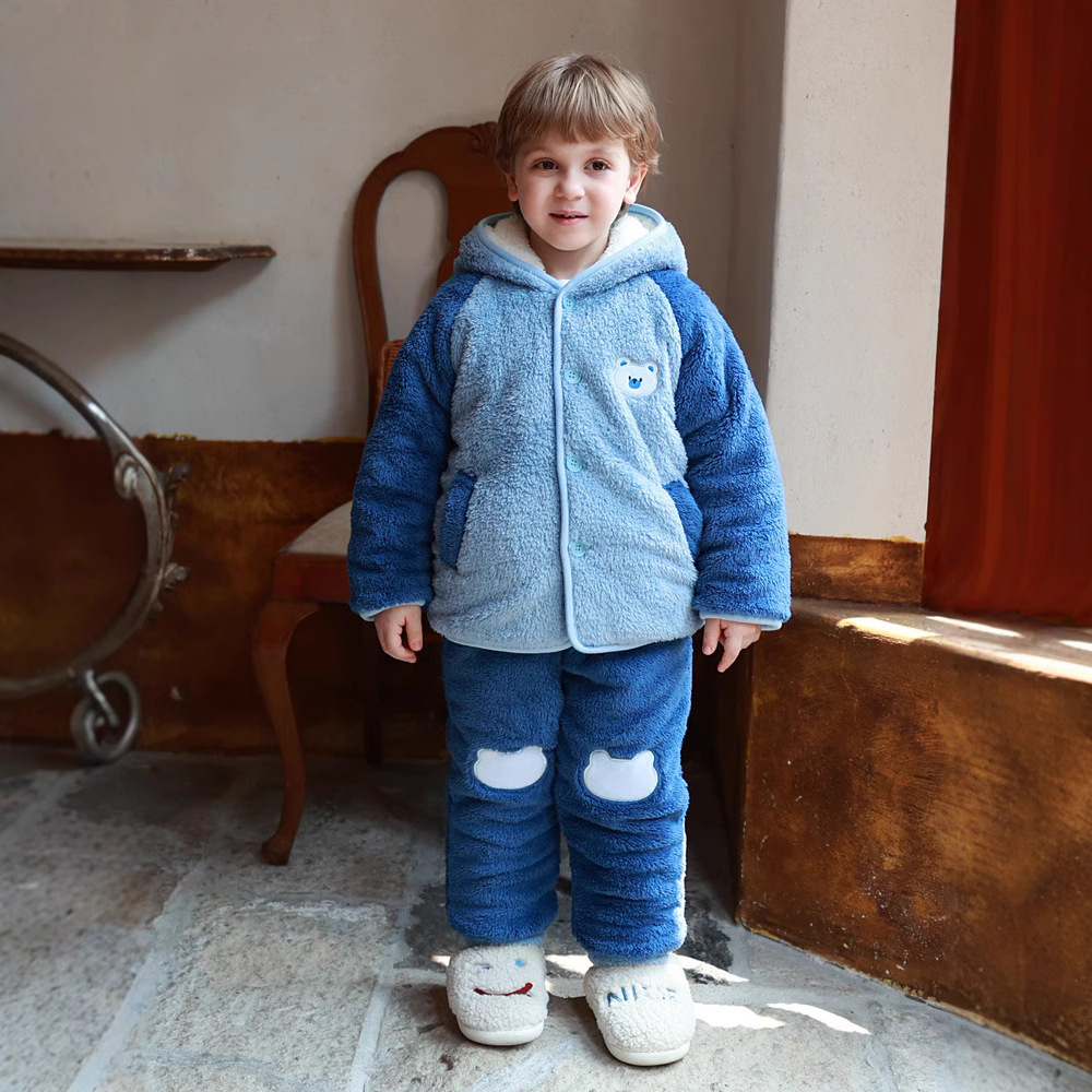 冬季加厚家居服男女童保暖珊瑚绒