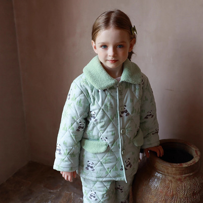 2025冬新品女童三层加厚夹棉睡衣童印花绗棉家居服可外穿套装