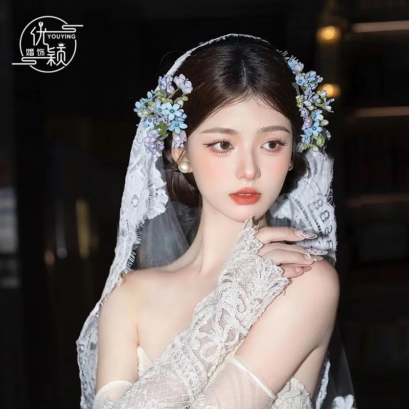 甜美复古森系新娘花朵发夹套装超仙优雅高级外景旅拍草坪婚纱配饰