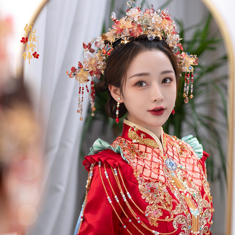 水晶琉璃花朵流苏皇冠头饰套装