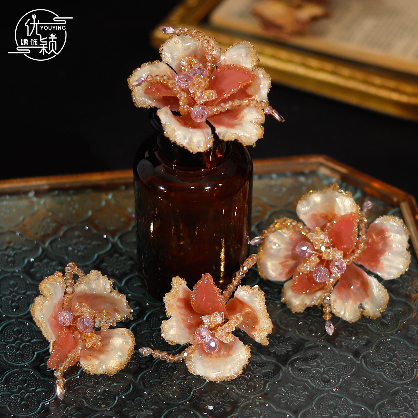 优颖新款新娘头饰森系超仙橘红色花朵发饰结婚纱旗袍配饰头花配饰