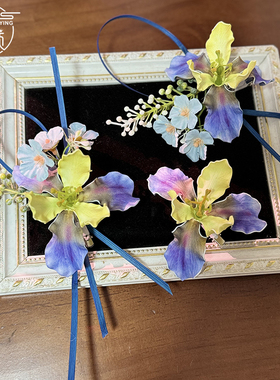 优颖新款渐变黄撞蓝紫色鸢尾花发发夹竹编头饰新娘发饰仙气头花