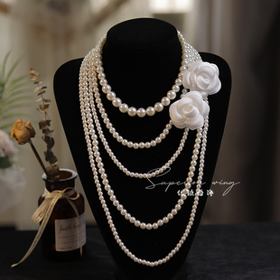 新款立体高质感花朵发带珍珠多层项链新娘简约婚纱礼服影楼配饰品