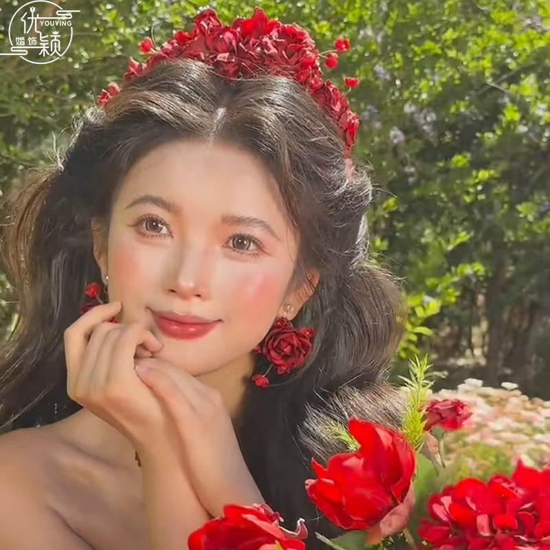 优颖新款复古铃兰玫瑰花苞发箍套装新娘敬酒服港风头饰跟妆配饰