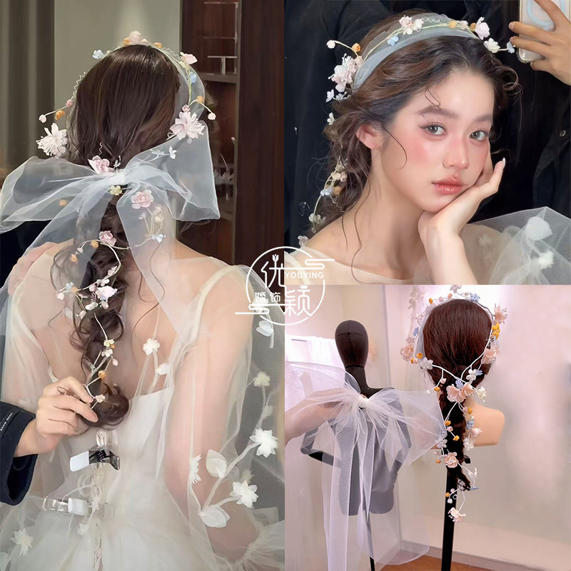 优颖新款仙气花朵发饰蝴蝶结发饰新娘头纱蕾丝蝴蝶结流苏礼服发饰
