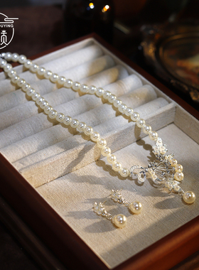 新款宫廷风vintage复古水滴吊坠双层珍珠项链新娘锁骨链耳环套装