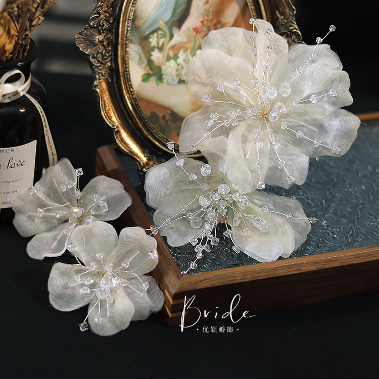 优颖新品手工香槟纱花仙美水晶串珠新娘头花婚礼配饰影楼跟妆头饰