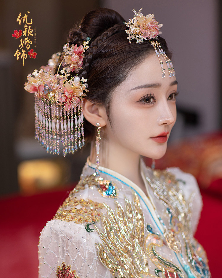 琉璃花朵彩色流苏秀禾服发饰品