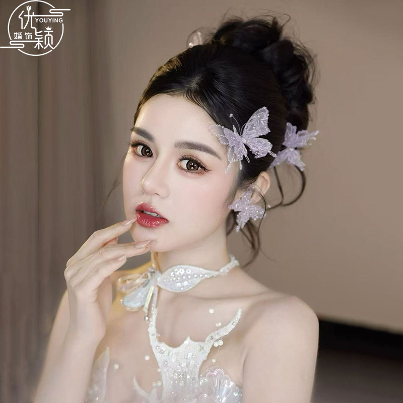 优颖新款超仙浅紫色立体水晶蝴蝶发饰新娘头饰甜美礼服写真造型