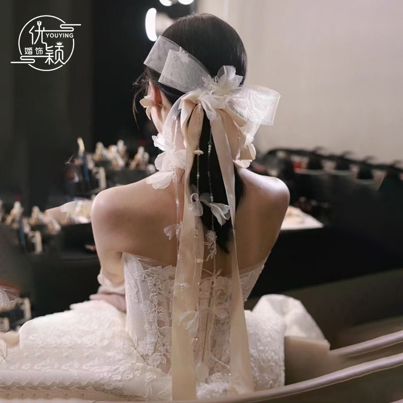 优颖蕾丝飘带蝴蝶结发夹新娘结婚婚纱礼服旅拍领证盘发造型配饰品