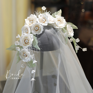 优颖森系新款绿色叶片仙美花朵头花新娘头饰婚纱礼服外景影楼配饰