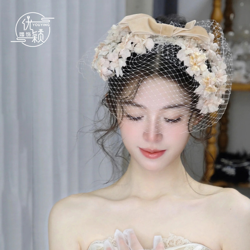 优颖原创复古面纱花瓣发箍头饰新娘结婚森系旅拍婚纱礼服盘发饰品