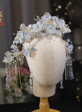 中式新娘发饰古装凤冠前后冠蓝色琉璃水晶饰品秀禾服结婚头饰套装