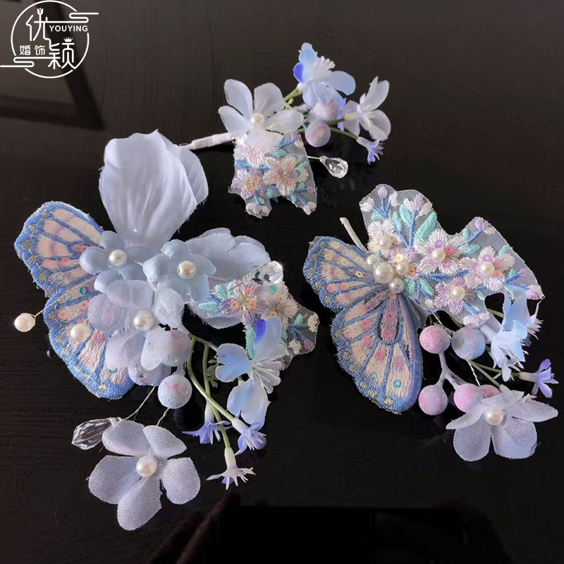 优颖古风蓝色蝴蝶花朵发簪女仙气珍珠装饰头饰汉服发夹旗袍发饰