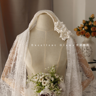 优颖手作重工复古蕾丝民国风头纱帽法式气质新娘结婚头饰旅拍发饰