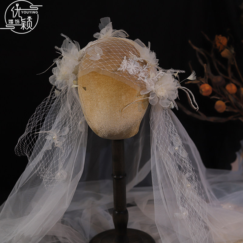 新品手作蕾丝花瓣长款帽纱新娘结婚森系复古法式婚纱礼服盘发饰品