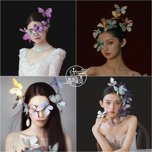 优颖原创彩色蝴蝶发带花环侧边新娘结婚森系唯美写真旅拍跟妆饰品