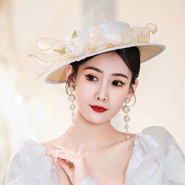 新娘头饰白色缎面平顶婚纱礼帽