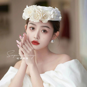 原创珍珠花蕊蕾丝帽复古法式 礼帽新娘头饰影楼油画风写真摄影配饰