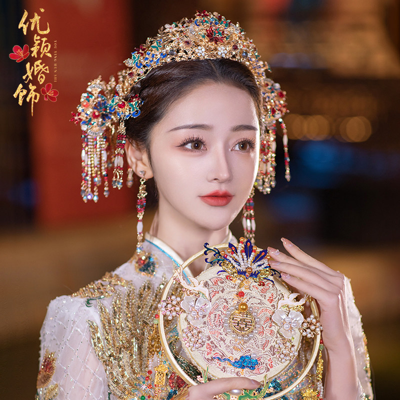 中式婚礼彩色复古宫廷风秀禾服新娘造型凤冠古典结婚古风分体头饰