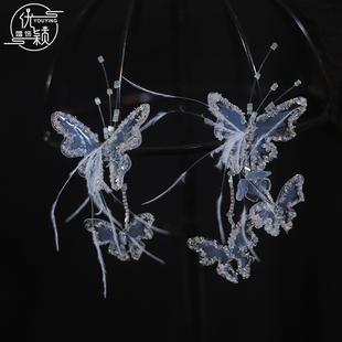 优颖韩式水晶羽毛头饰婚纱头饰蓝色礼服新蝴蝶花朵边夹超仙女配饰