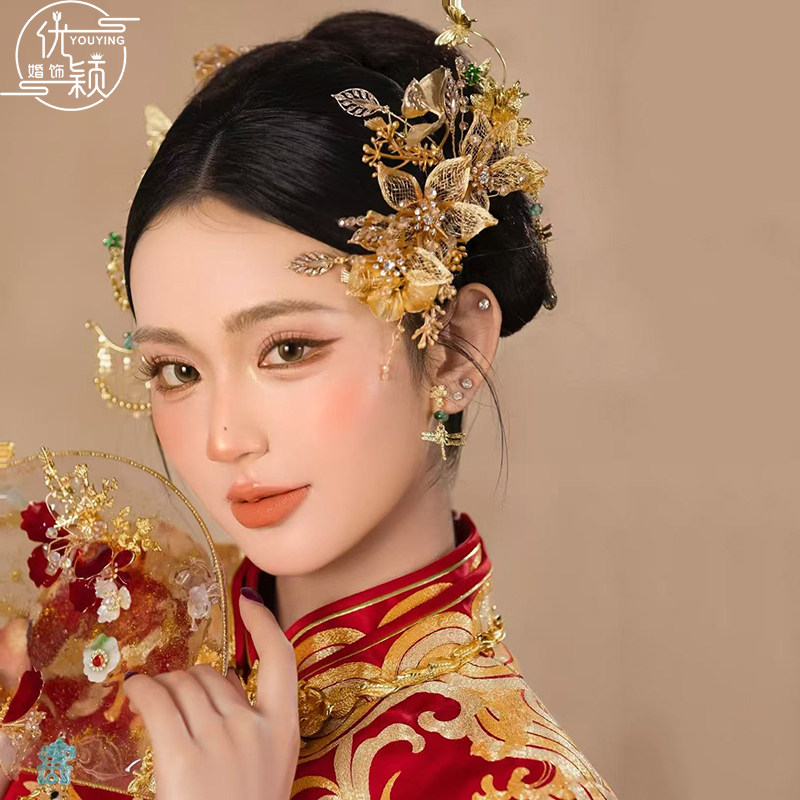 优颖金色边夹头饰高级大气侧边发饰秀禾服晚礼服晨袍婚礼造型配饰