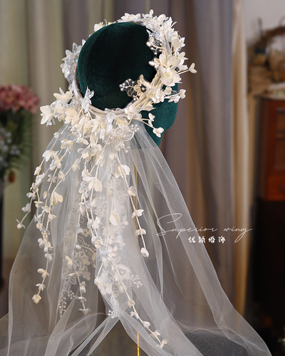 复古轻奢铃兰花朵流苏花环头纱
