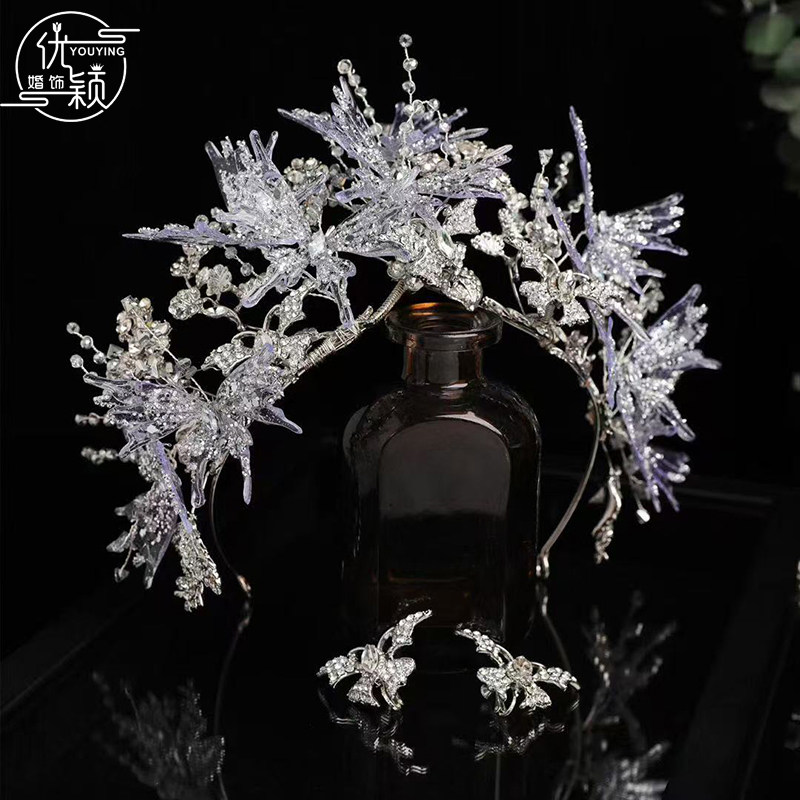 优颖新款皇冠头饰银色精致水凝蝴蝶高级感主婚纱造型礼服大气写真