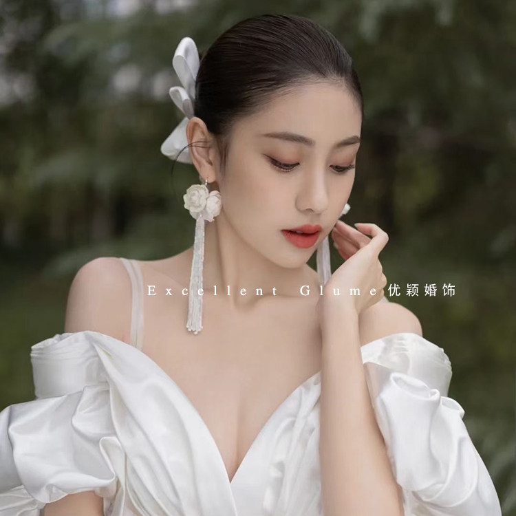 优颖设计感法式花苞水晶串珠流苏耳夹发夹发带套装新娘头饰耳饰品