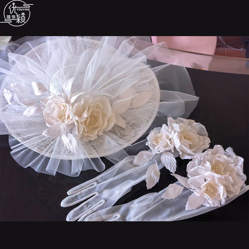 优颖新款白色网纱花朵礼帽女新娘造型婚纱拍照影楼写真超仙头饰