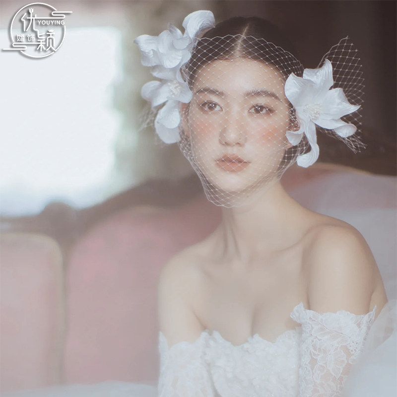 新款法式复古新娘结婚婚纱头饰立体白色花朵森系头花网纱发夹发饰
