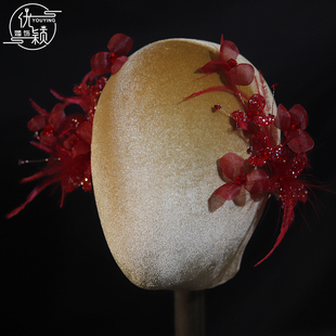 新款手工超仙红色水晶花瓣羽毛发夹新娘跟妆礼服晨袍头饰配饰