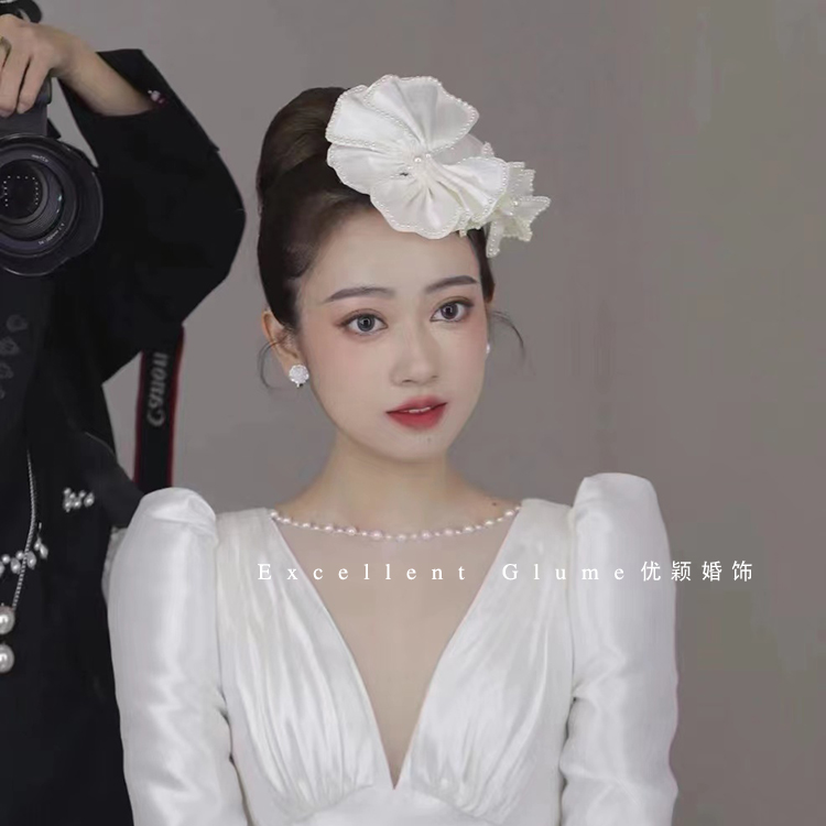 法式俏皮珍珠边蝴蝶结新娘小礼帽