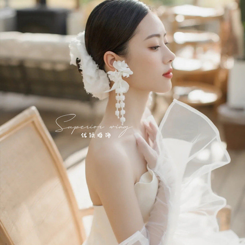 超仙新娘缎面花朵耳环蝴蝶结长款流苏手工耳饰婚纱礼服配饰品耳夹