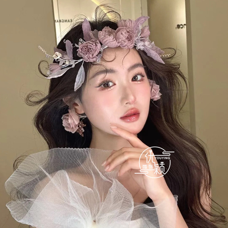 森系新娘结婚花环叶片头饰紫色花苞耳夹耳环影楼婚纱礼服拍照配饰