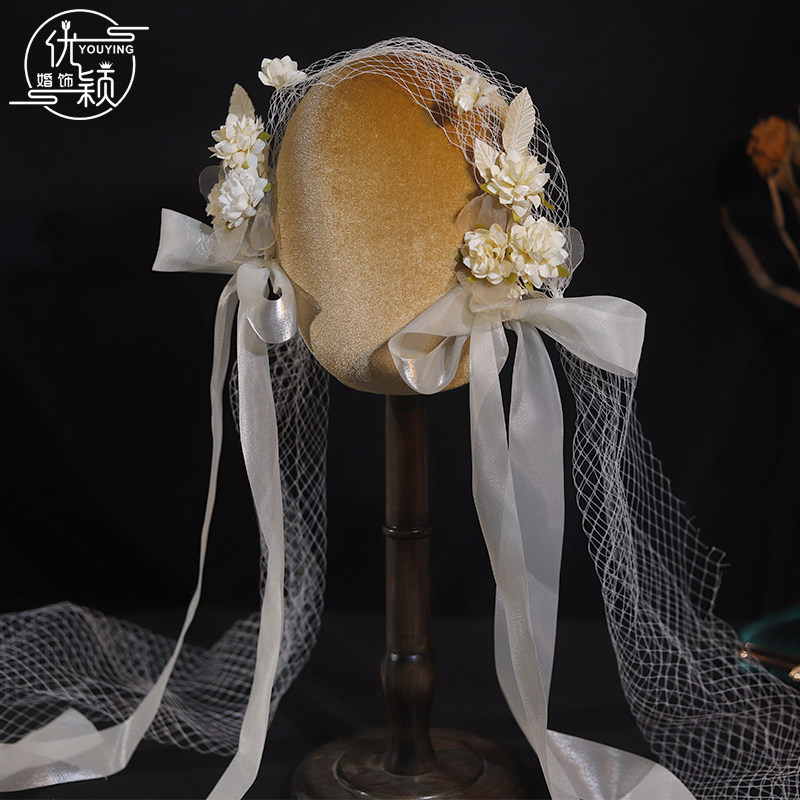 优颖新款法式甜美白色花朵羽毛发带头饰春季复古结婚婚纱礼服配饰