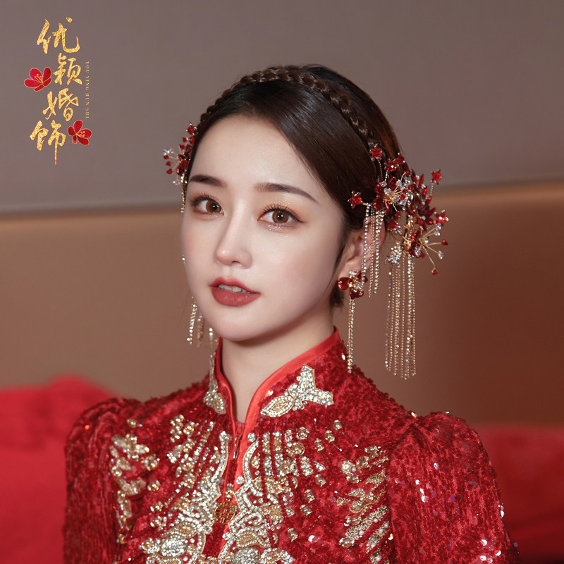 秀禾服新娘头饰红色闪钻镶钻套装