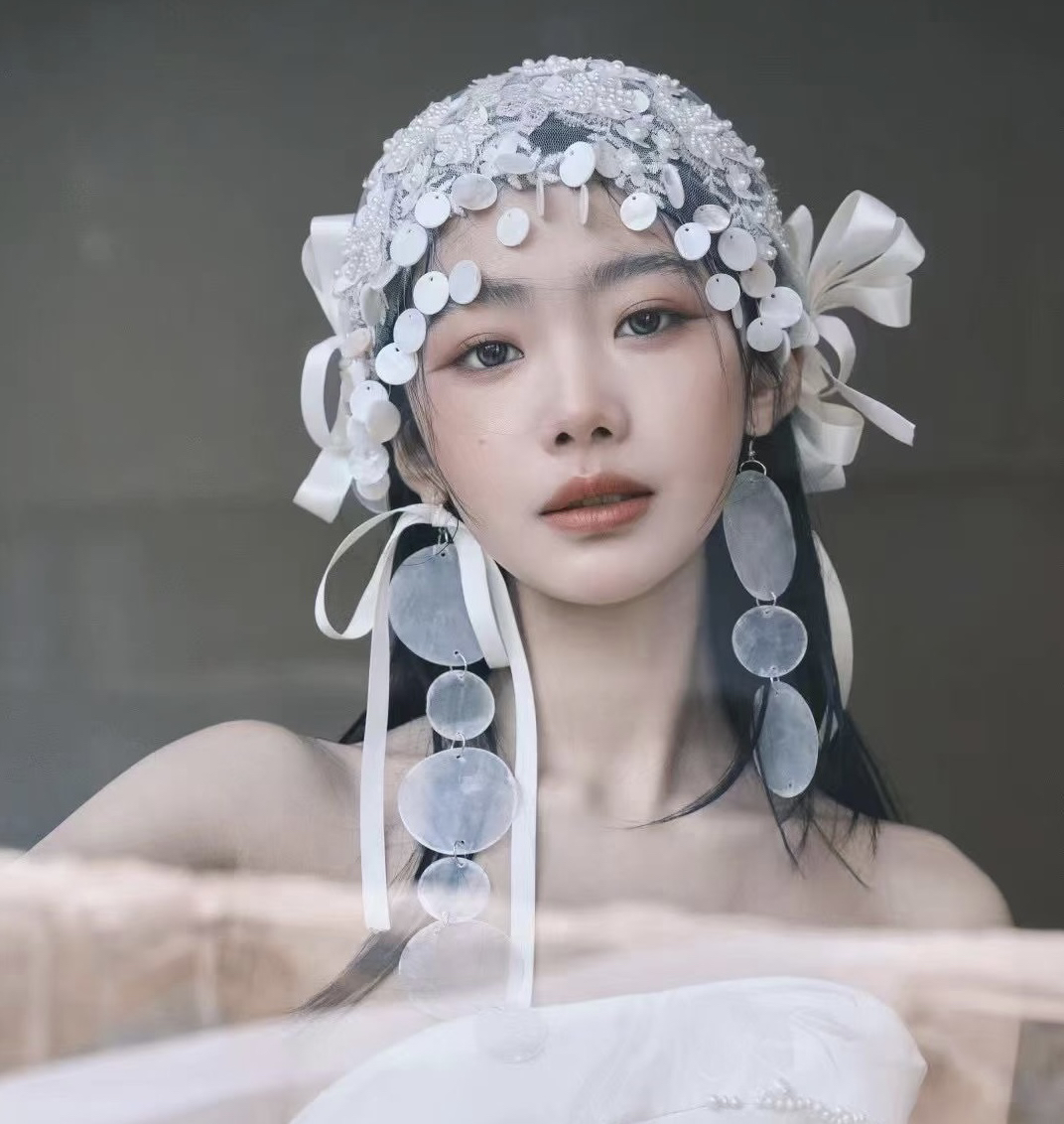 新娘结婚旅拍外景超仙包头帽头纱重工复古贝壳片蕾丝蝴蝶结头饰