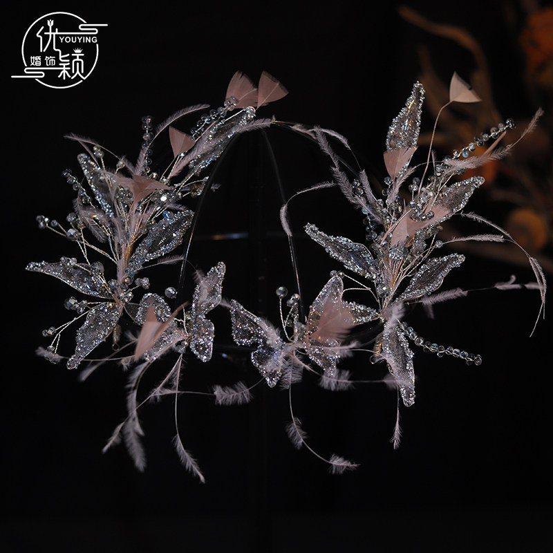 新娘粉色羽毛水晶边夹头饰新款森系仙美婚纱晨袍跟妆造型样片发饰