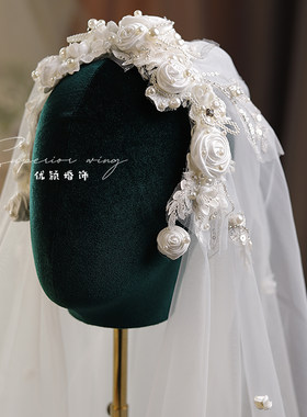 优颖仙美手工精致港风复古花朵法式头纱耳环新娘婚纱礼服婚礼配饰
