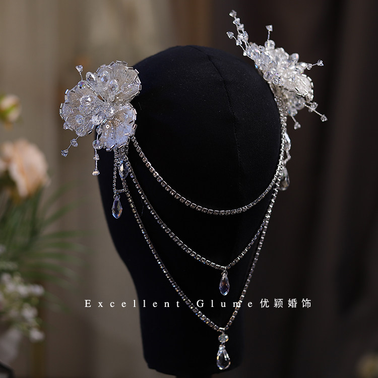 新款精工手作水晶串珠闪钻流苏新娘发夹头花盘发头饰跟妆影楼配饰